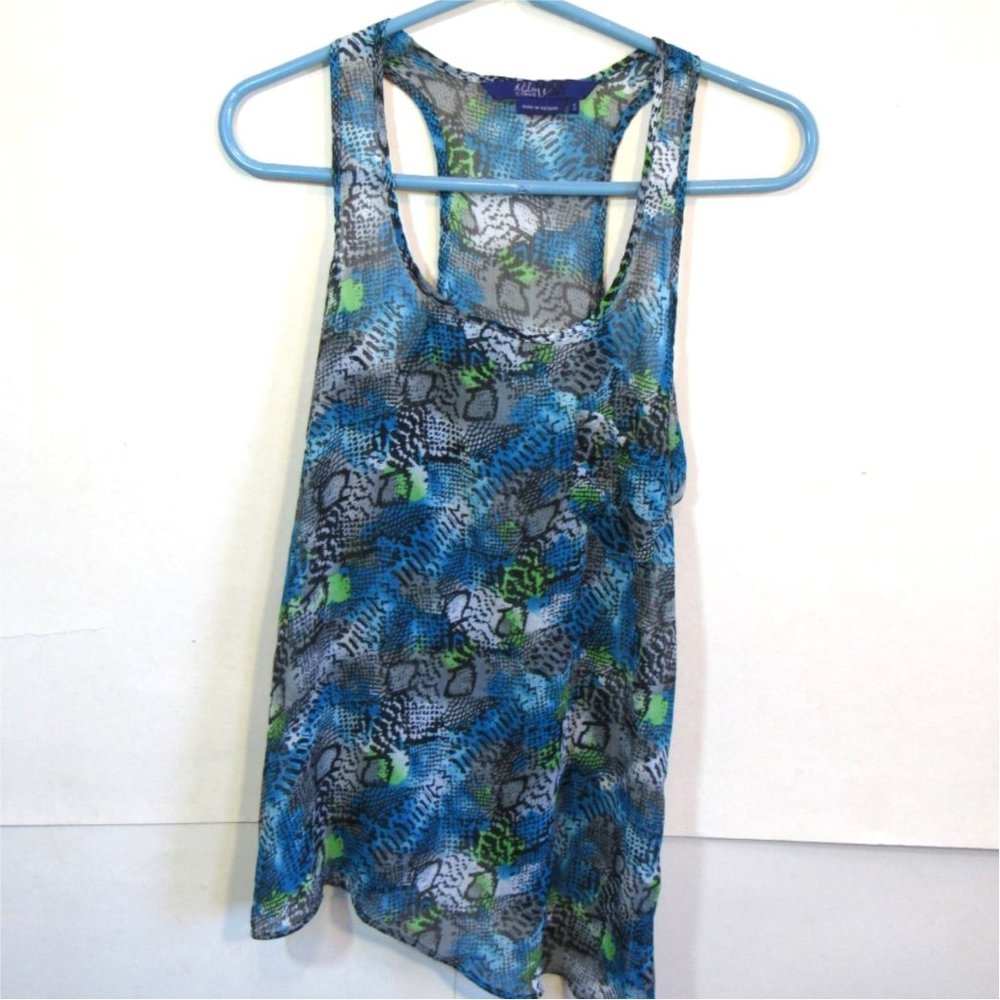 Y2K Sheer Racerback Tank Top Small  Asymmetrical Hem Artsy Print Miley Cyrus